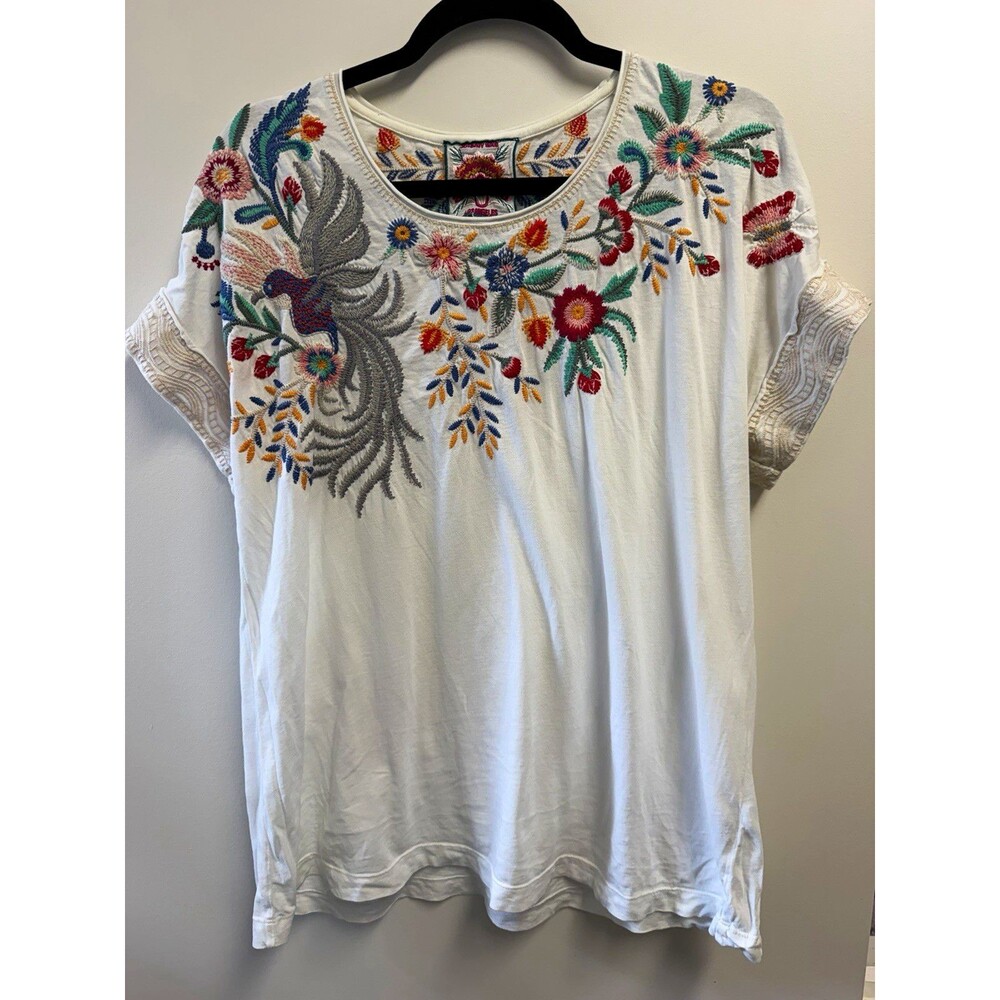 Johnny Was White Floral Embroidered Cotton Jersey T-Shirt Women’s L